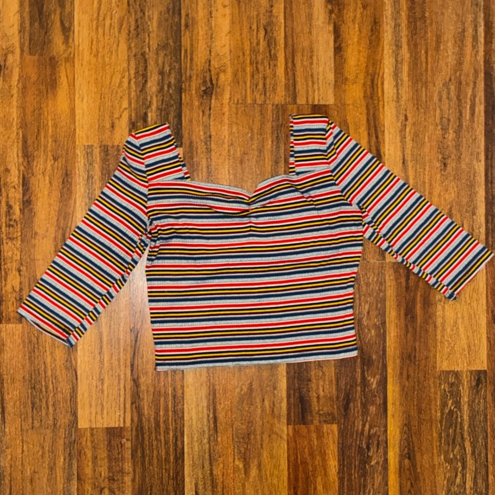 Kontrol Contemporary Womens XL Striped Sweetheart Neck Ribbed Crop Top 3/4 Slv